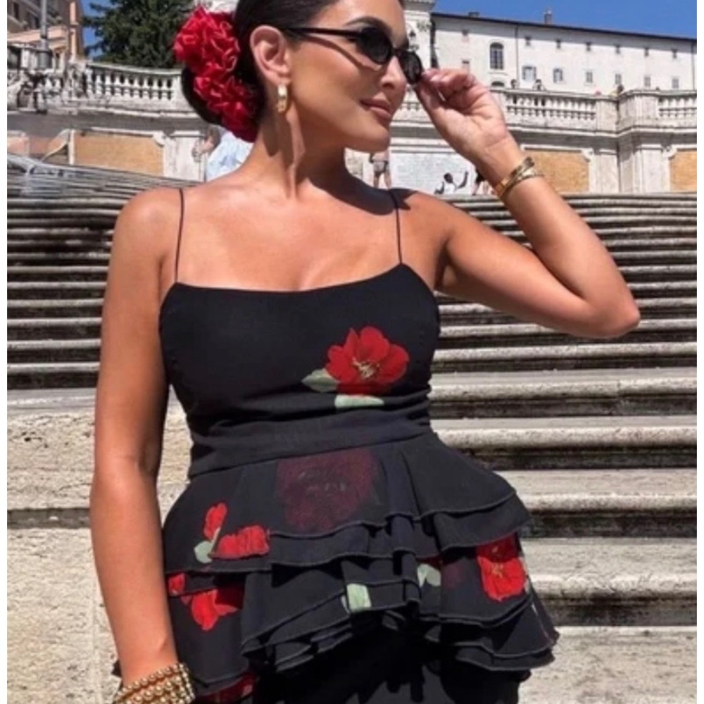 ZARA Black Rose Print Ruffle Peplum Cami Top Strappy Romantic Coquette‎ Chic